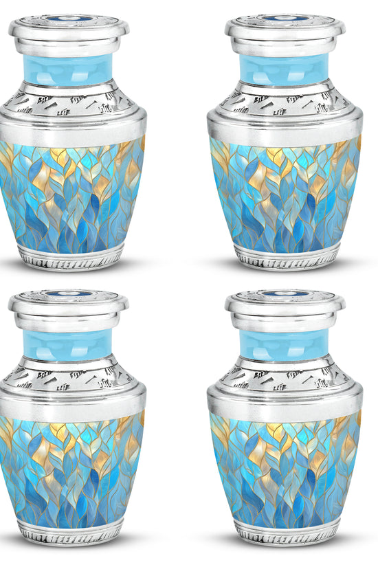 Pastel Blue Blue Cremation Urn back view with polished surface - modern art-inspired blue motif on sleek aluminum - 10 inch aluminum urn for cremated remains