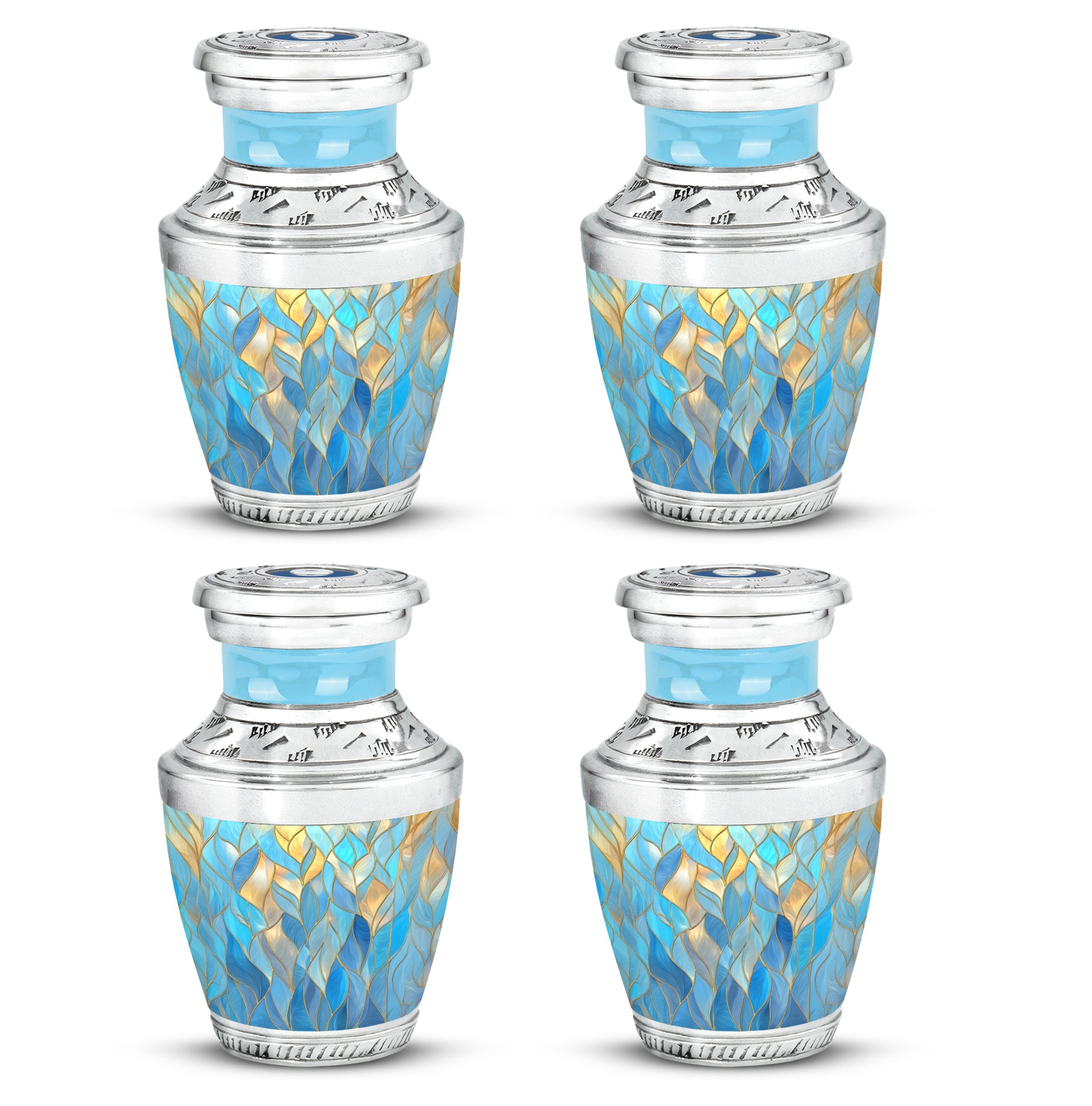 Pastel Blue Blue Cremation Urn back view with polished surface - modern art-inspired blue motif on sleek aluminum - 10 inch aluminum urn for cremated remains
