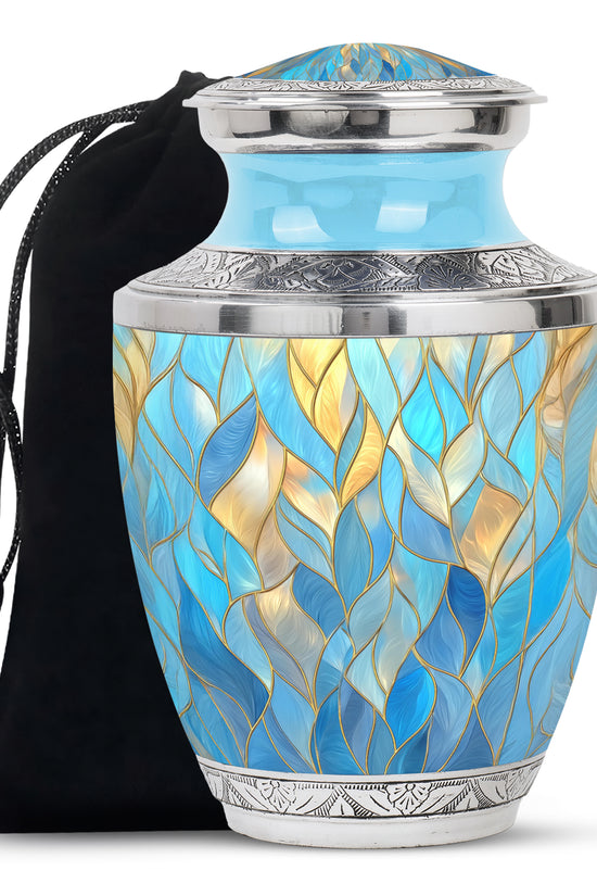 Dusty Blue Blue Cremation Urn side profile showing urn shape - modern art-inspired blue motif on sleek aluminum - full-size 10 inch 200 cubic inch adult cremation urn