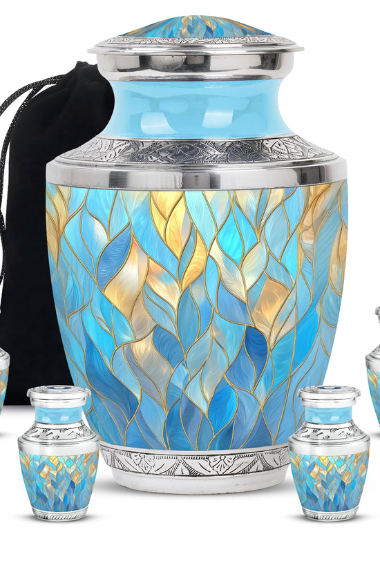Bright Blue Blue Cremation Urn lifestyle display on memorial shelf - artistic blue interpretation with creative detail - memorial set with one large and four small urns