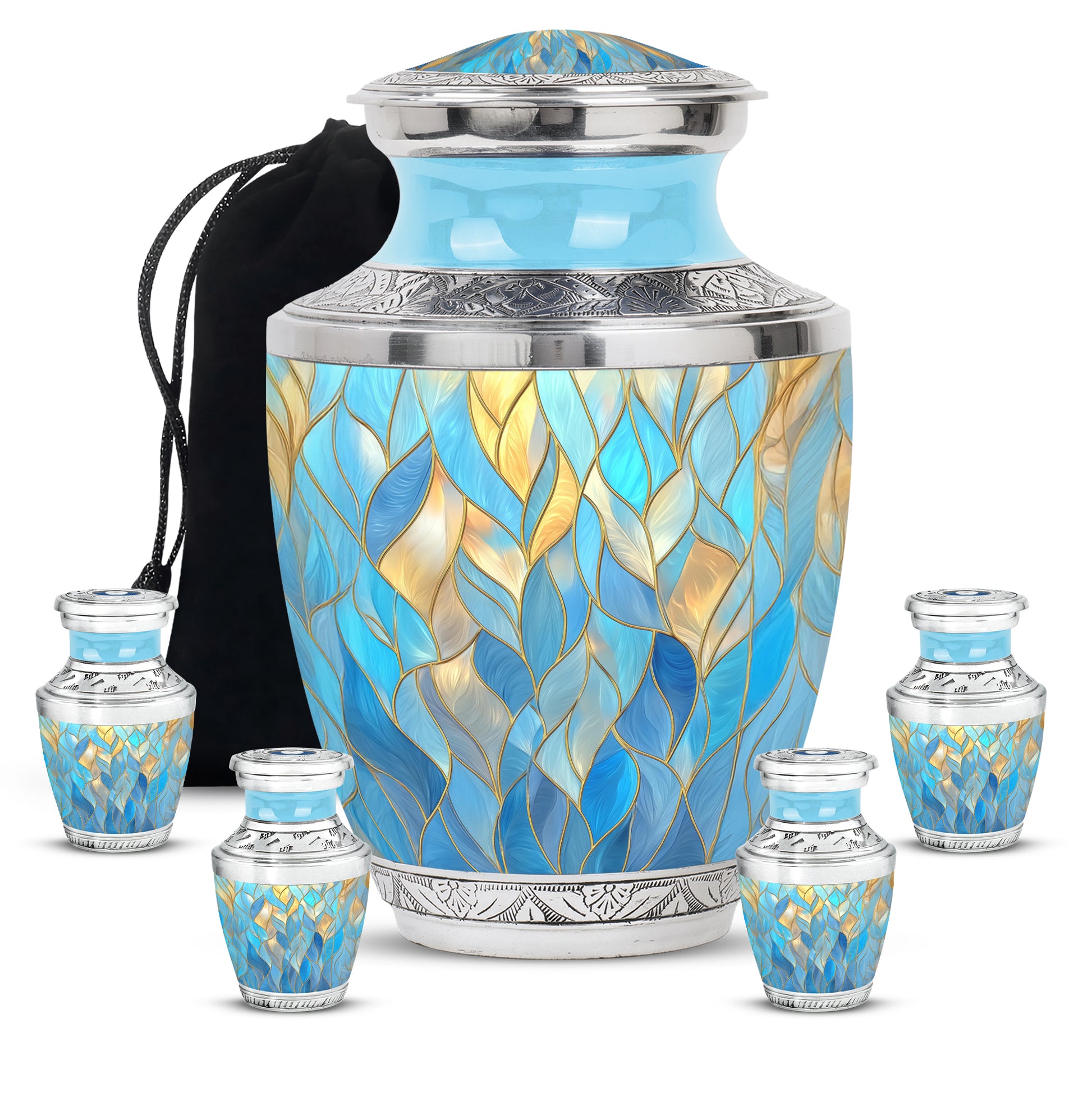 Bright Blue Blue Cremation Urn lifestyle display on memorial shelf - artistic blue interpretation with creative detail - memorial set with one large and four small urns