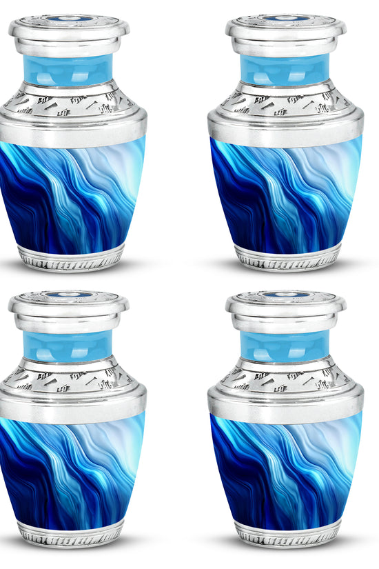 Vivid Blue Blue Cremation Urn back view with polished surface - stylized abstract blue pattern with bold lines - 10 inch aluminum urn for cremated remains