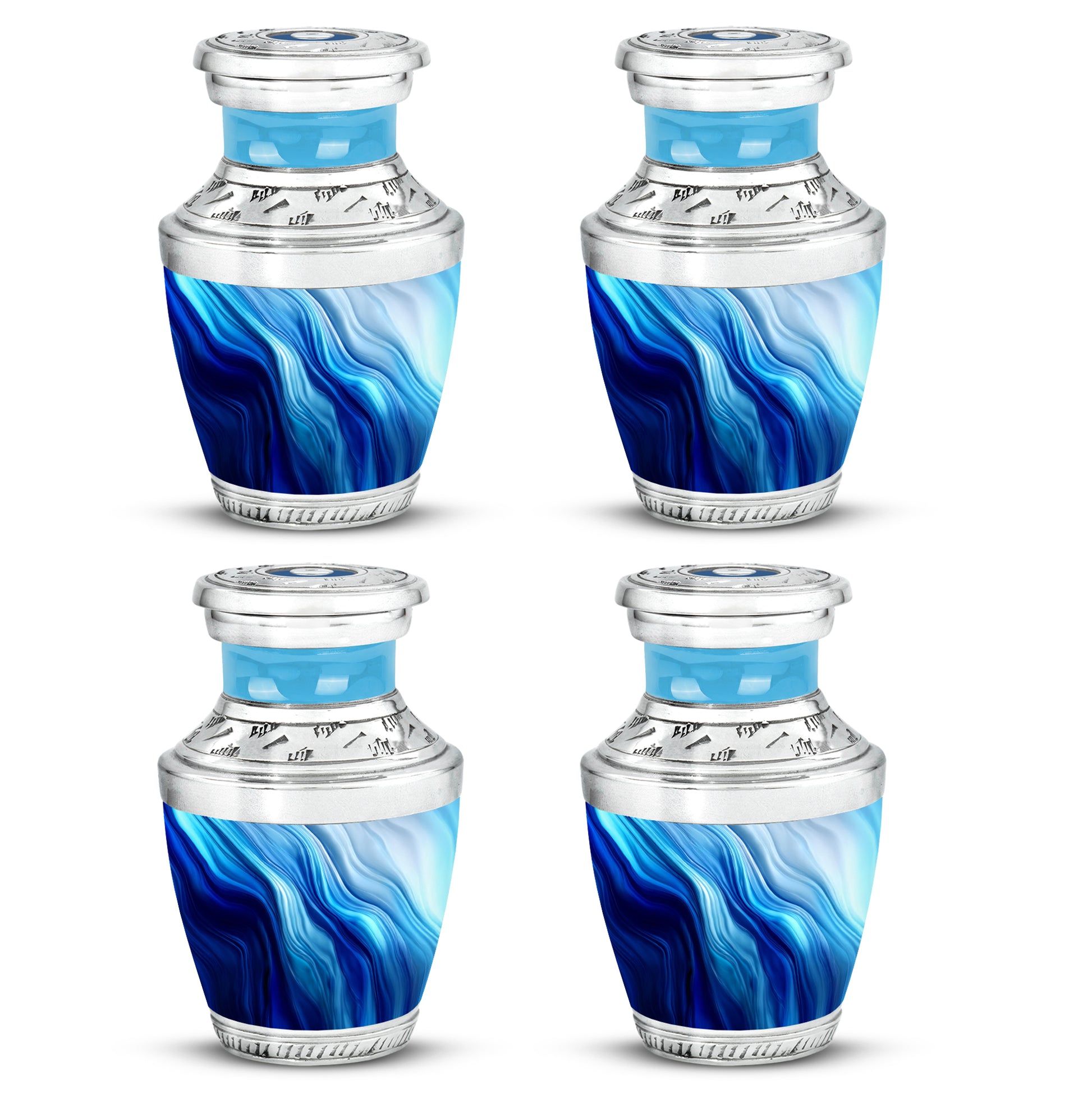 Vivid Blue Blue Cremation Urn back view with polished surface - stylized abstract blue pattern with bold lines - 10 inch aluminum urn for cremated remains