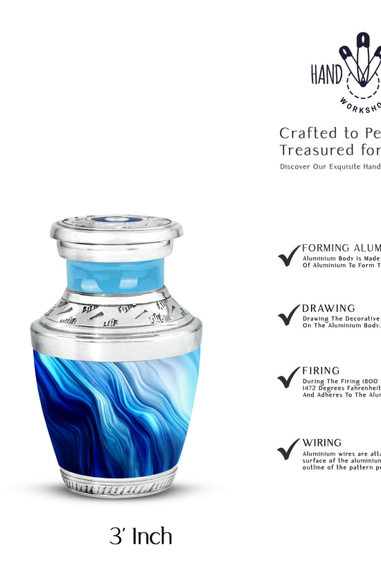Slate Blue Blue Cremation Urn top-down view of secure threaded lid - modern art-inspired blue motif on sleek aluminum - mini keepsake memorial for portion of cremation ashes