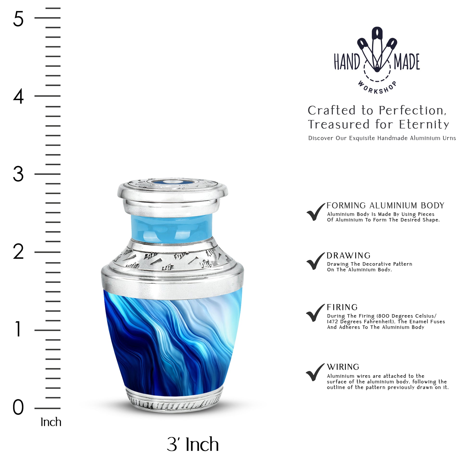 Slate Blue Blue Cremation Urn top-down view of secure threaded lid - modern art-inspired blue motif on sleek aluminum - mini keepsake memorial for portion of cremation ashes