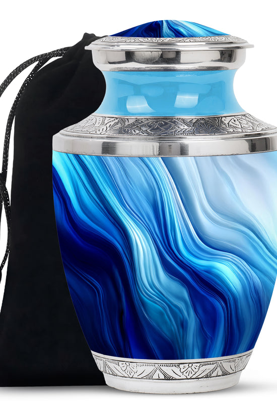 Calming Blue Blue Cremation Urn side profile showing urn shape - artistic blue interpretation with creative detail - full-size 10 inch 200 cubic inch adult cremation urn