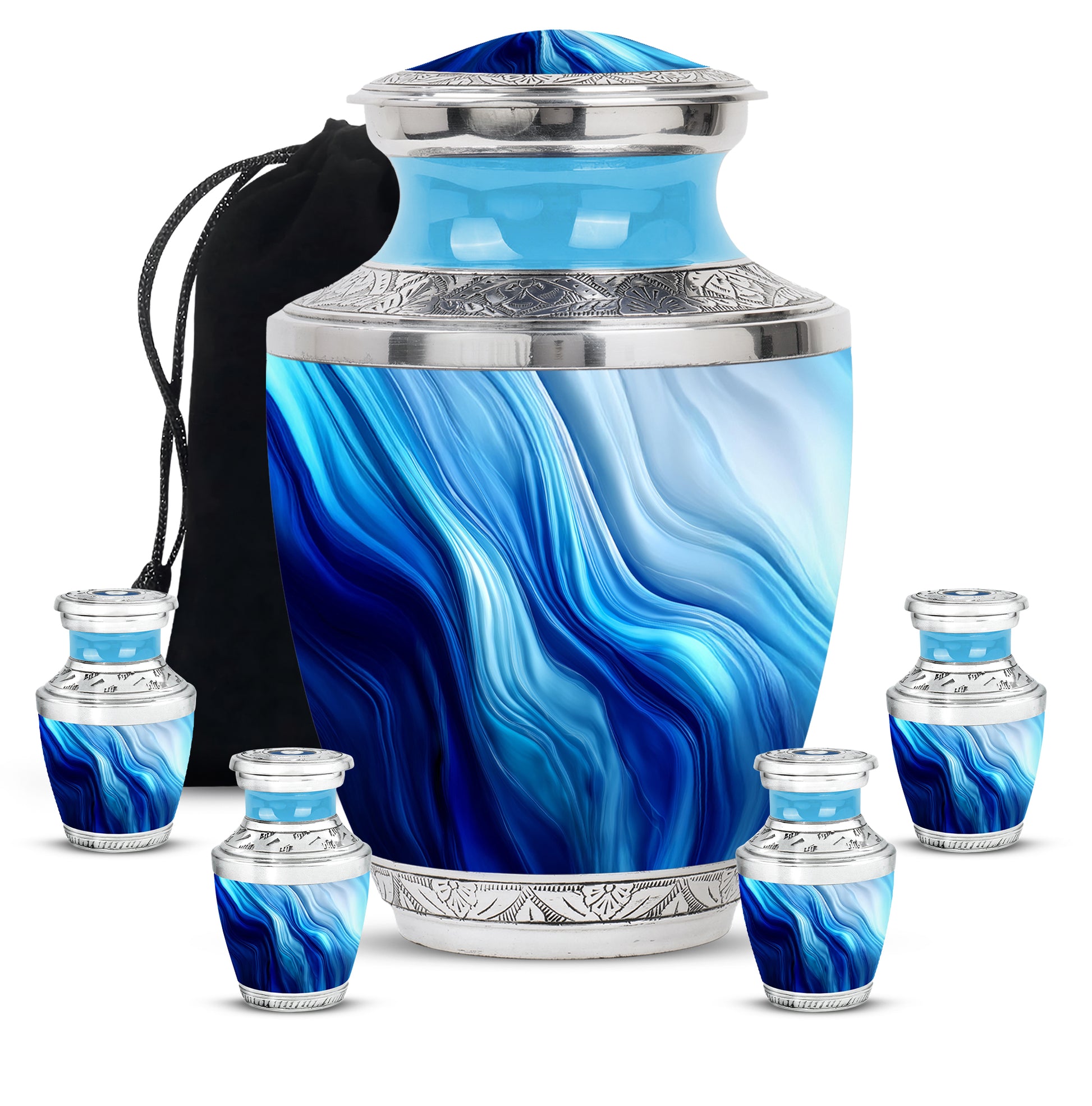 Cornflower Blue Blue Cremation Urn lifestyle display on memorial shelf - stylized abstract blue pattern with bold lines - memorial set with one large and four small urns