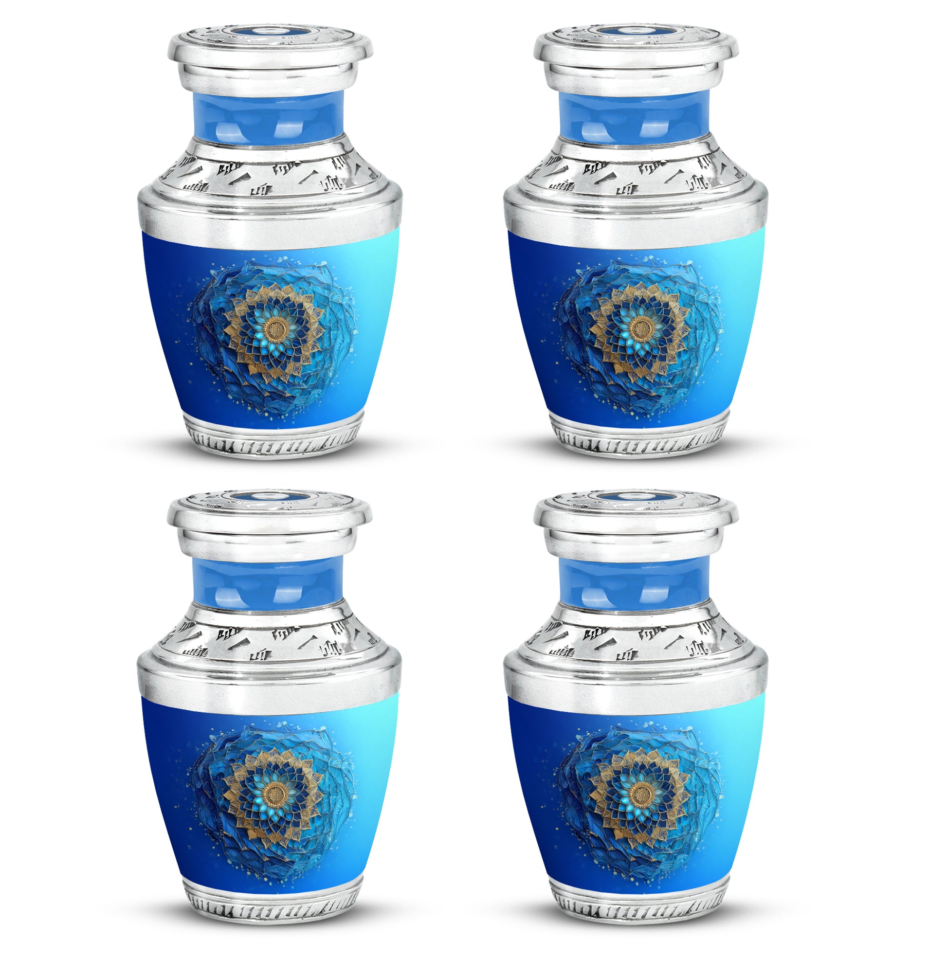 Sea Green Teal Blue Cremation Urn back view with polished surface - contemporary blue design with modern artistic flair - 10 inch aluminum urn for cremated remains