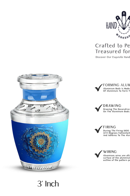 Sea Green Teal Blue Cremation Urn top-down view of secure threaded lid - modern art-inspired blue motif on sleek aluminum - mini keepsake memorial for portion of cremation ashes