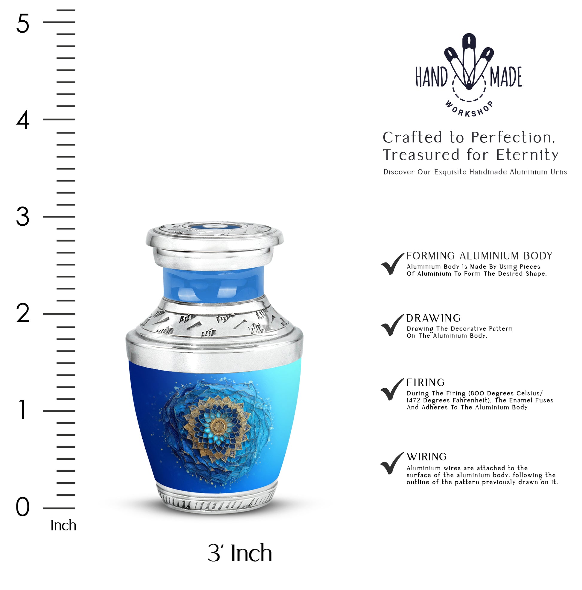 Sea Green Teal Blue Cremation Urn top-down view of secure threaded lid - modern art-inspired blue motif on sleek aluminum - mini keepsake memorial for portion of cremation ashes
