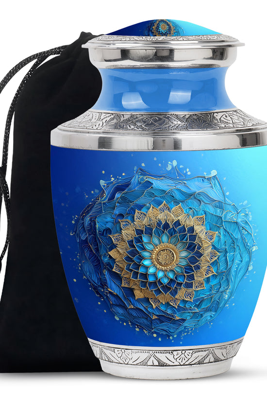 Tropical Teal Blue Cremation Urn side profile showing urn shape - stylized abstract blue pattern with bold lines - full-size 10 inch 200 cubic inch adult cremation urn