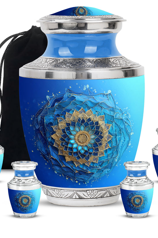 Ocean Teal Blue Cremation Urn lifestyle display on memorial shelf - contemporary blue design with modern artistic flair - memorial set with one large and four small urns