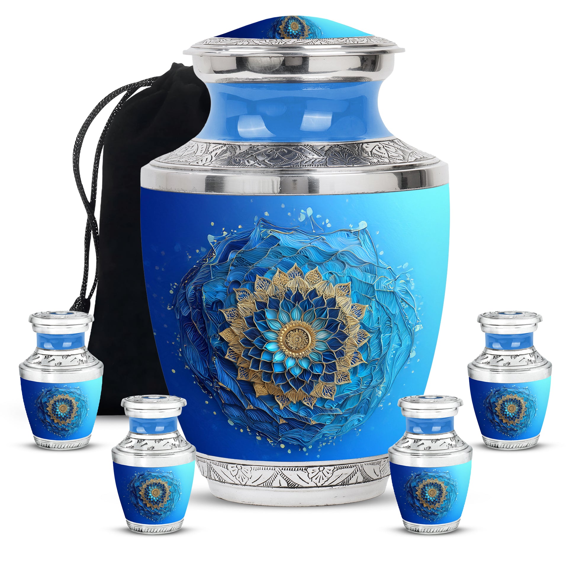 Ocean Teal Blue Cremation Urn lifestyle display on memorial shelf - contemporary blue design with modern artistic flair - memorial set with one large and four small urns