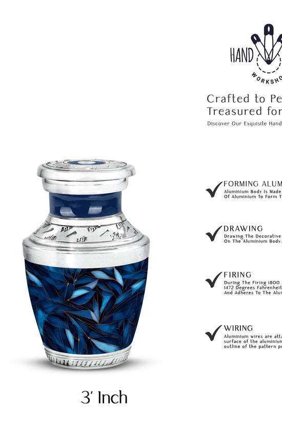 Navy Blue Blue Cremation Urn top-down view of secure threaded lid - modern art-inspired blue motif on sleek aluminum - mini keepsake memorial for portion of cremation ashes
