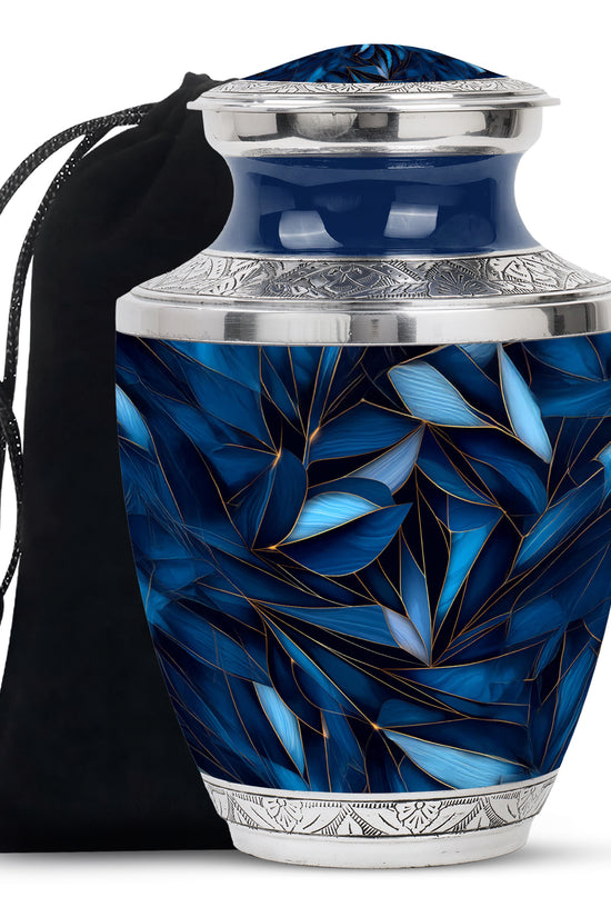 Royal Blue Blue Cremation Urn side profile showing urn shape - stylized abstract blue pattern with bold lines - full-size 10 inch 200 cubic inch adult cremation urn