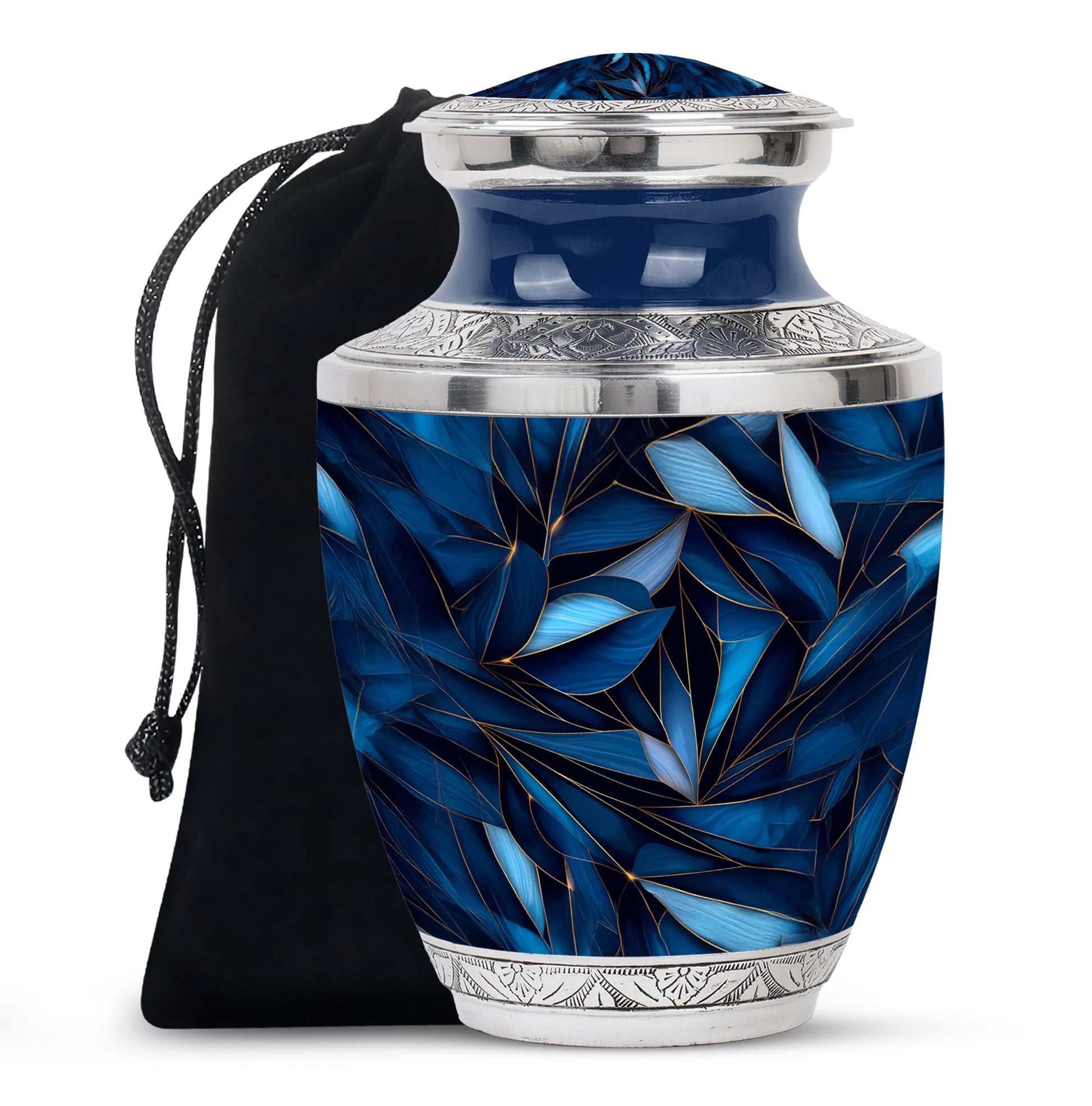 Royal Blue Blue Cremation Urn side profile showing urn shape - stylized abstract blue pattern with bold lines - full-size 10 inch 200 cubic inch adult cremation urn