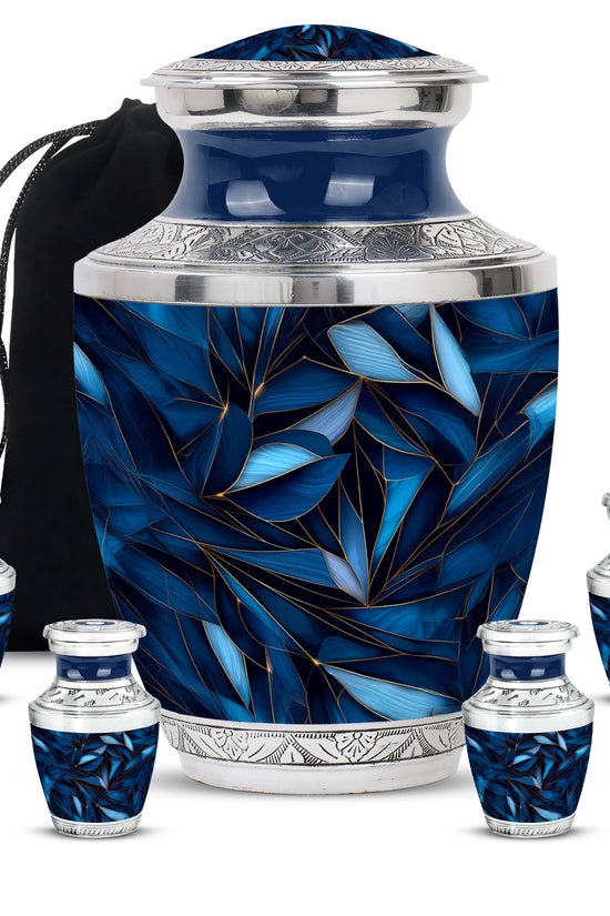 Twilight Blue Blue Cremation Urn lifestyle display on memorial shelf - artistic blue interpretation with creative detail - memorial set with one large and four small urns