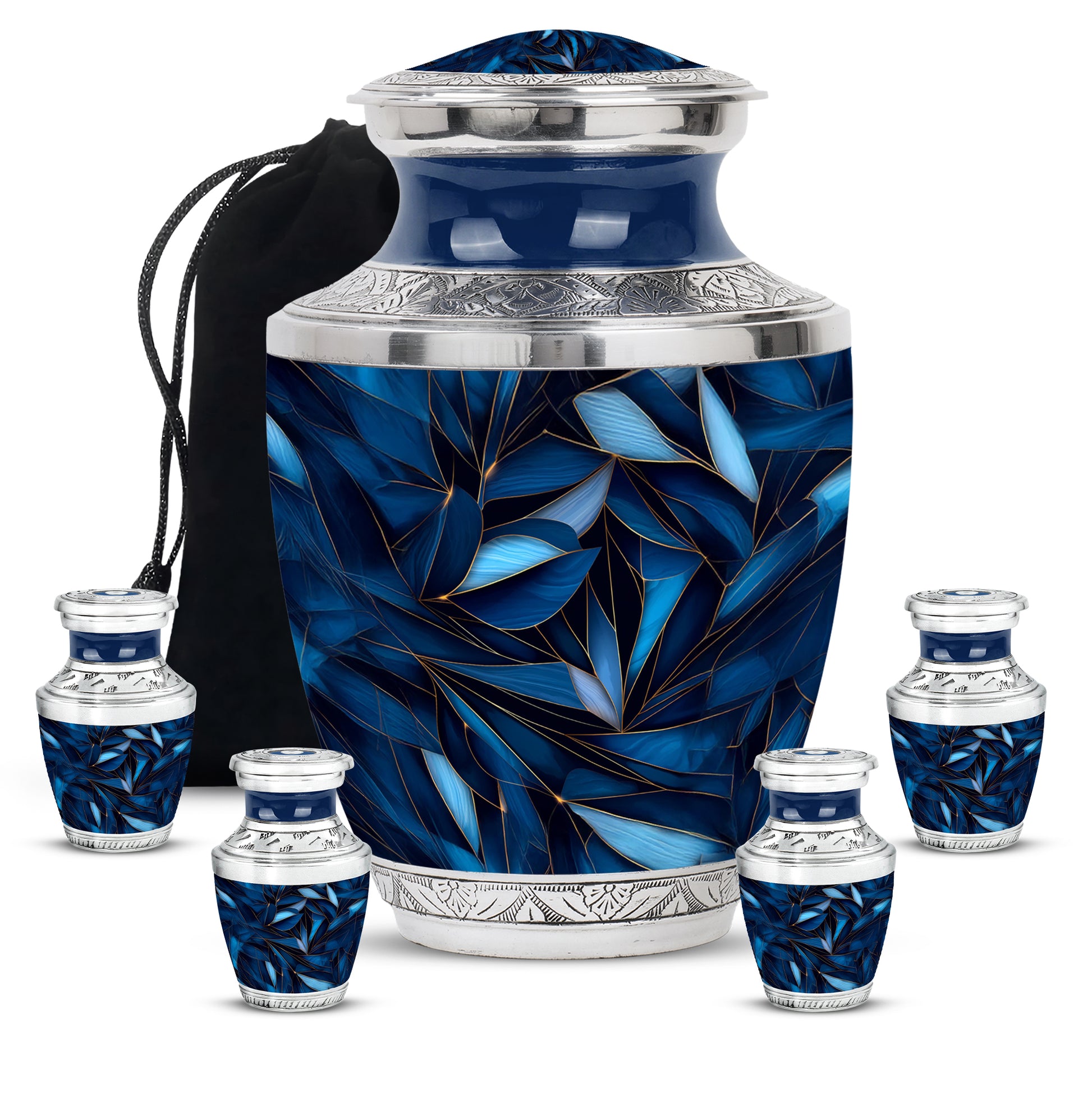 Twilight Blue Blue Cremation Urn lifestyle display on memorial shelf - artistic blue interpretation with creative detail - memorial set with one large and four small urns