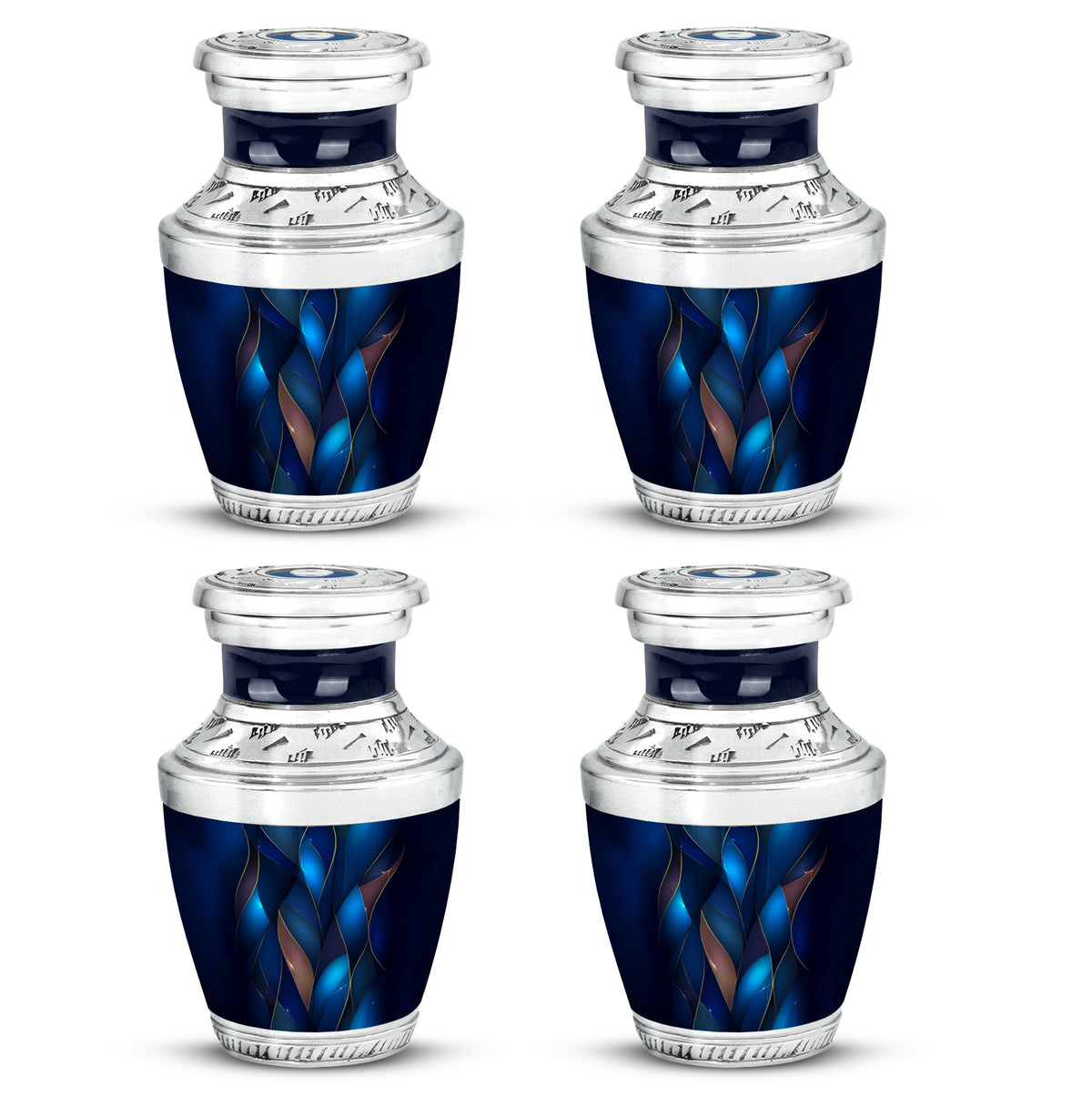 Misty Blue Blue Cremation Urn back view with polished surface - modern art-inspired blue motif on sleek aluminum - 10 inch aluminum urn for cremated remains