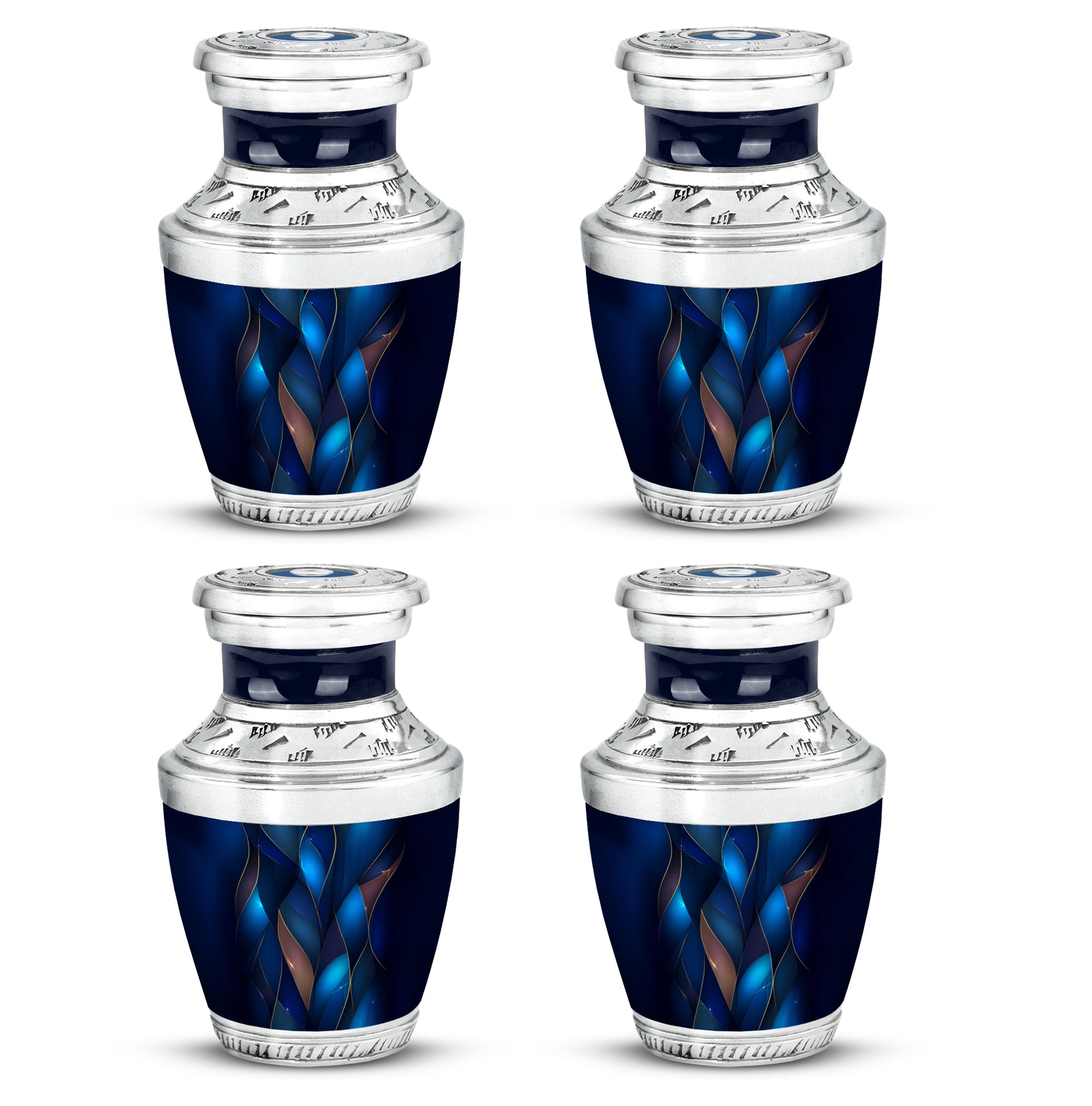 Misty Blue Blue Cremation Urn back view with polished surface - modern art-inspired blue motif on sleek aluminum - 10 inch aluminum urn for cremated remains