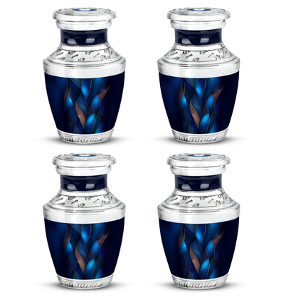 Misty Blue Blue Cremation Urn back view with polished surface - modern art-inspired blue motif on sleek aluminum - 10 inch aluminum urn for cremated remains