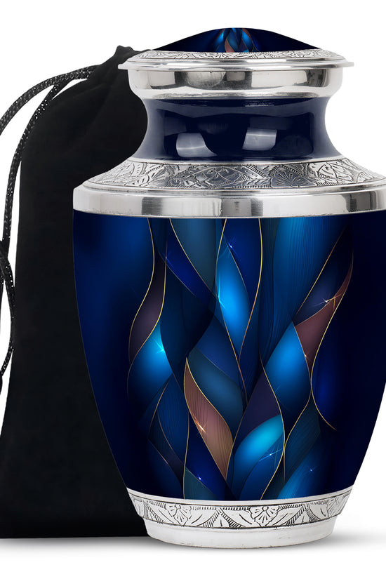 Cornflower Blue Blue Cremation Urn side profile showing urn shape - stylized abstract blue pattern with bold lines - full-size 10 inch 200 cubic inch adult cremation urn