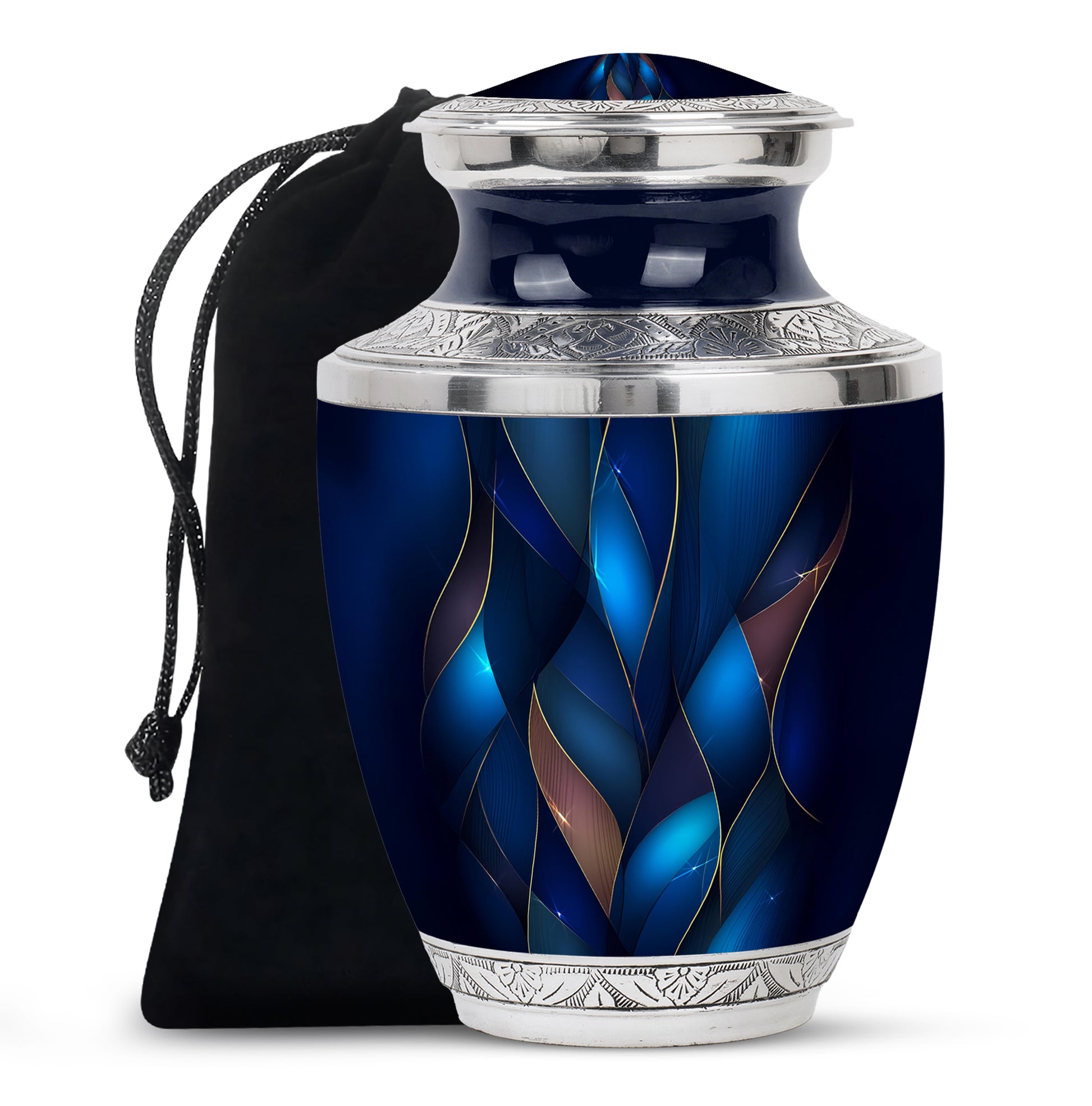Cornflower Blue Blue Cremation Urn side profile showing urn shape - stylized abstract blue pattern with bold lines - full-size 10 inch 200 cubic inch adult cremation urn