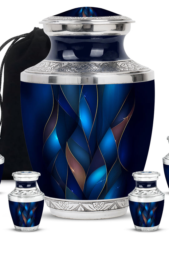 Soft Blue Blue Cremation Urn lifestyle display on memorial shelf - stylized abstract blue pattern with bold lines - memorial set with one large and four small urns