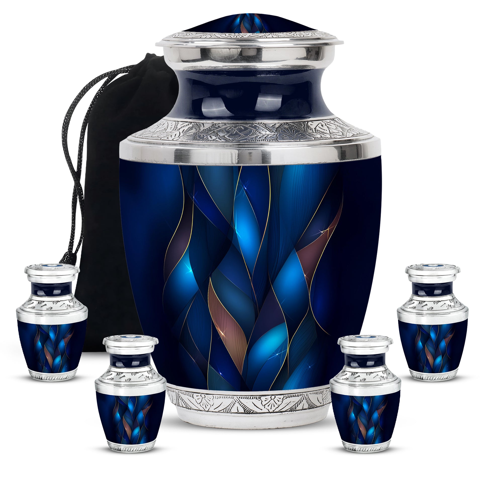 Soft Blue Blue Cremation Urn lifestyle display on memorial shelf - stylized abstract blue pattern with bold lines - memorial set with one large and four small urns