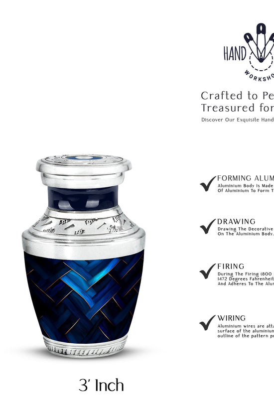 Soft Blue Blue Cremation Urn top-down view of secure threaded lid - artistic blue interpretation with creative detail - mini keepsake memorial for portion of cremation ashes
