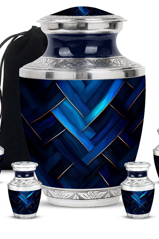 Bright Blue Blue Cremation Urn lifestyle display on memorial shelf - stylized abstract blue pattern with bold lines - memorial set with one large and four small urns