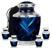 Bright Blue Blue Cremation Urn lifestyle display on memorial shelf - stylized abstract blue pattern with bold lines - memorial set with one large and four small urns