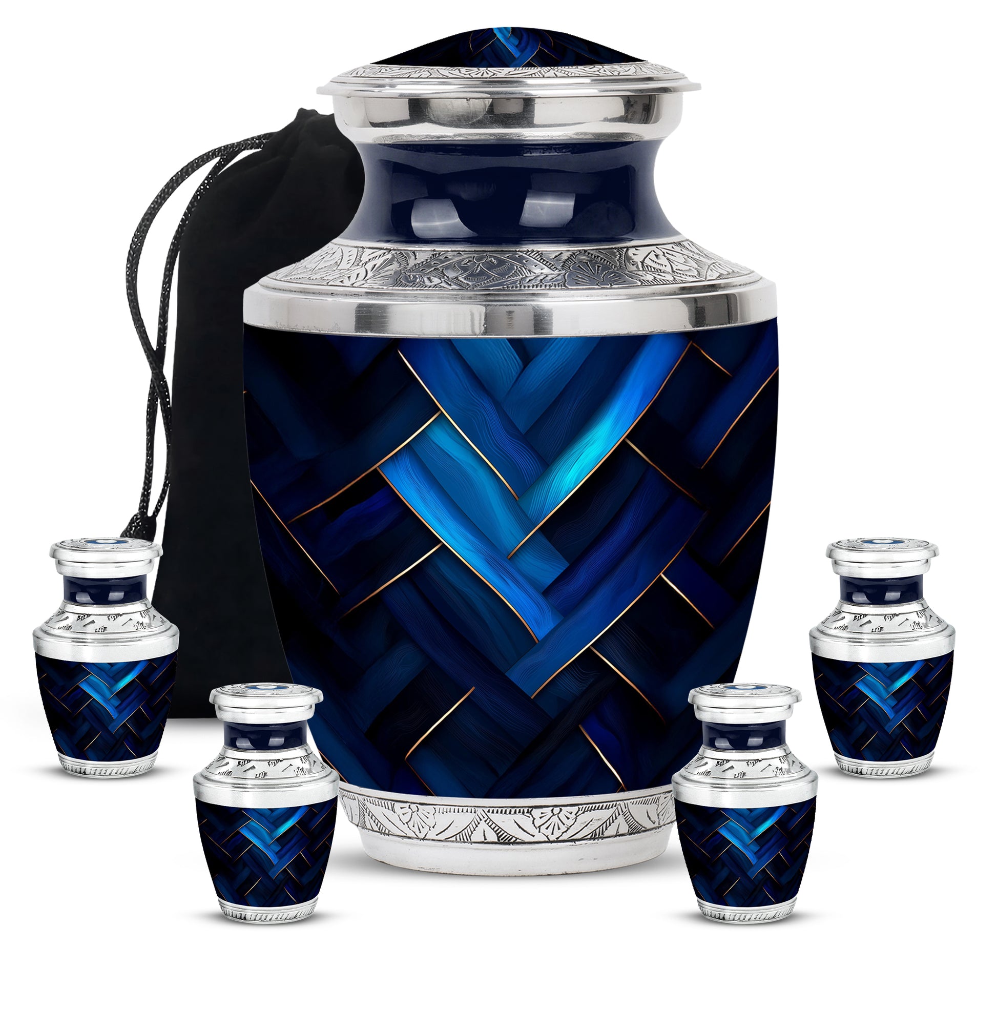 Bright Blue Blue Cremation Urn lifestyle display on memorial shelf - stylized abstract blue pattern with bold lines - memorial set with one large and four small urns