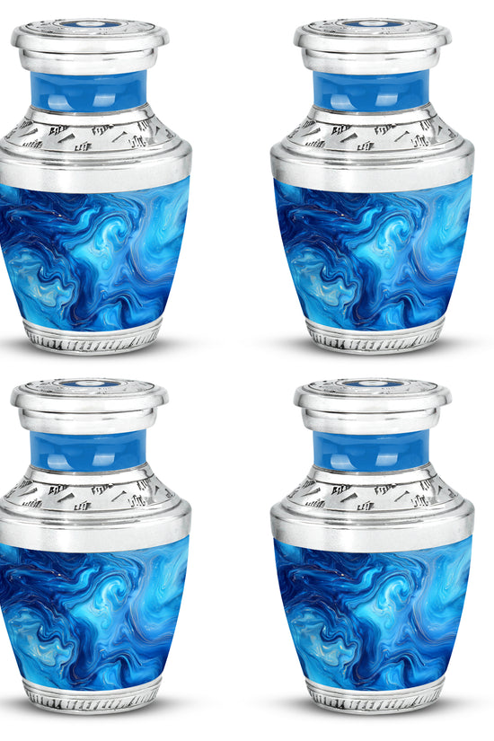 Vivid Teal Blue Cremation Urn back view with polished surface - artistic blue interpretation with creative detail - 10 inch aluminum urn for cremated remains