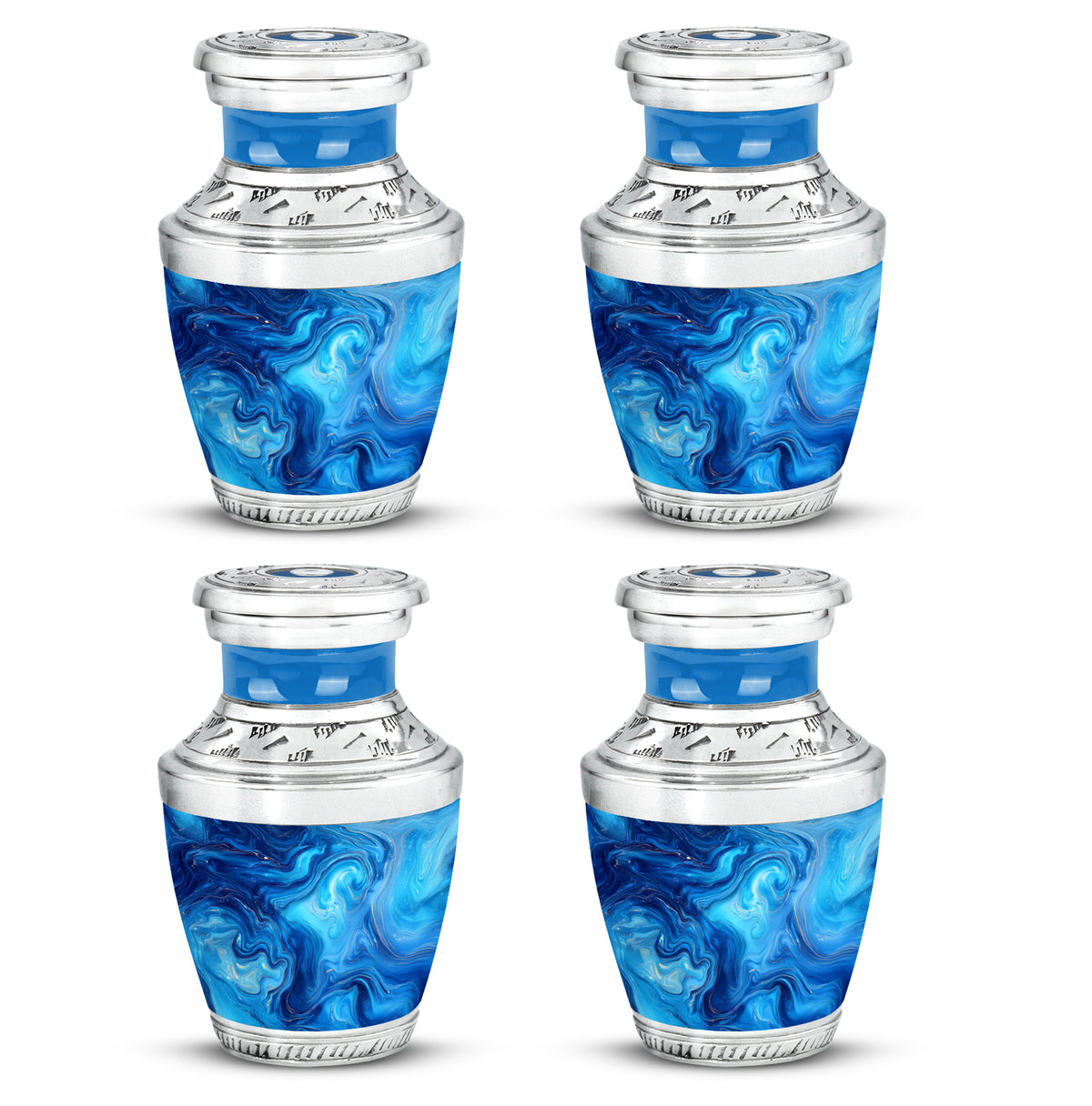 Vivid Teal Blue Cremation Urn back view with polished surface - artistic blue interpretation with creative detail - 10 inch aluminum urn for cremated remains