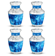 Vivid Teal Blue Cremation Urn back view with polished surface - artistic blue interpretation with creative detail - 10 inch aluminum urn for cremated remains