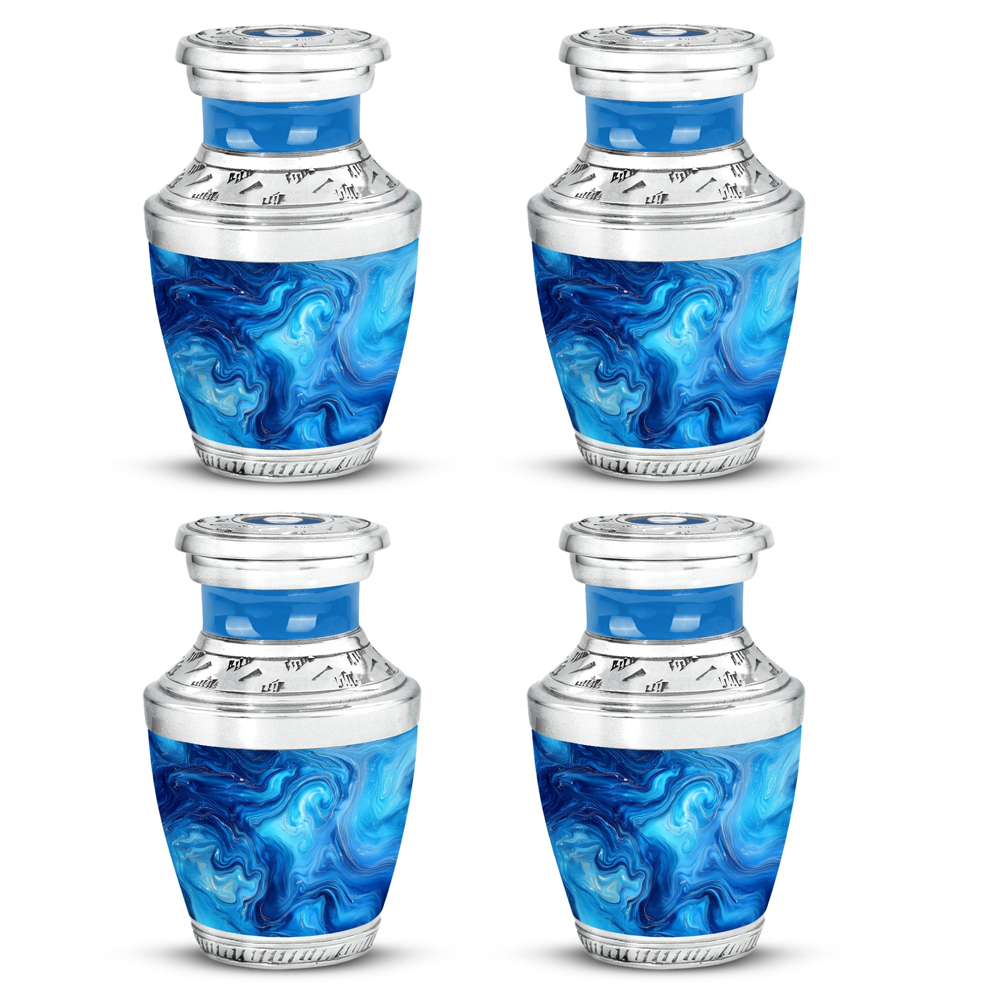 Vivid Teal Blue Cremation Urn back view with polished surface - artistic blue interpretation with creative detail - 10 inch aluminum urn for cremated remains