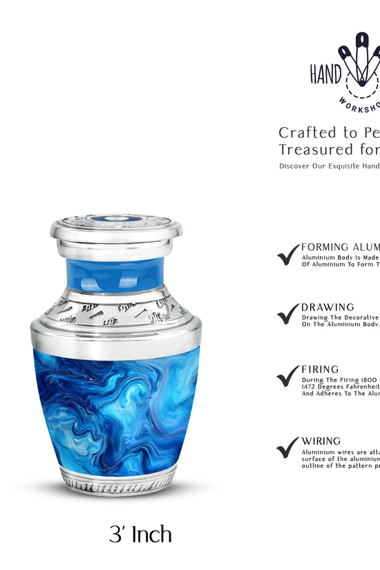 Sea Green Teal Blue Cremation Urn top-down view of secure threaded lid - modern art-inspired blue motif on sleek aluminum - mini keepsake memorial for portion of cremation ashes