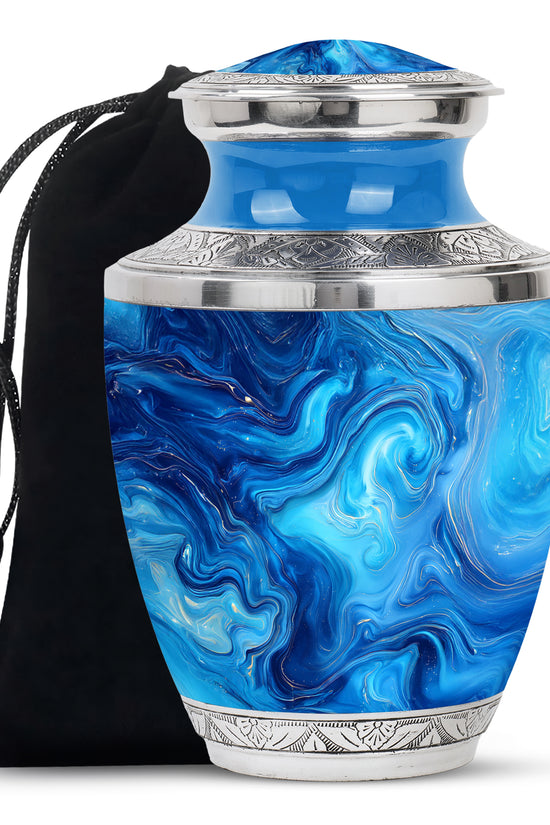 Vivid Teal Blue Cremation Urn side profile showing urn shape - stylized abstract blue pattern with bold lines - full-size 10 inch 200 cubic inch adult cremation urn
