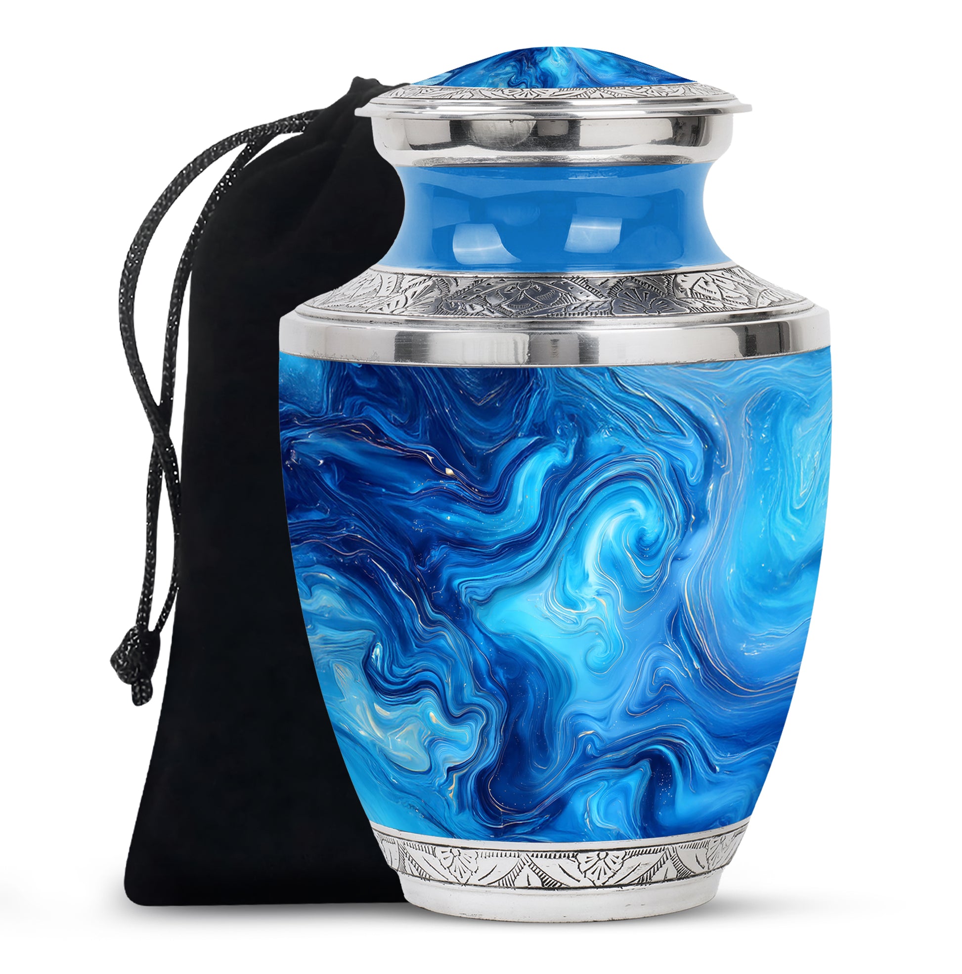 Vivid Teal Blue Cremation Urn side profile showing urn shape - stylized abstract blue pattern with bold lines - full-size 10 inch 200 cubic inch adult cremation urn