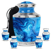 Cool Teal Blue Cremation Urn lifestyle display on memorial shelf - modern art-inspired blue motif on sleek aluminum - memorial set with one large and four small urns