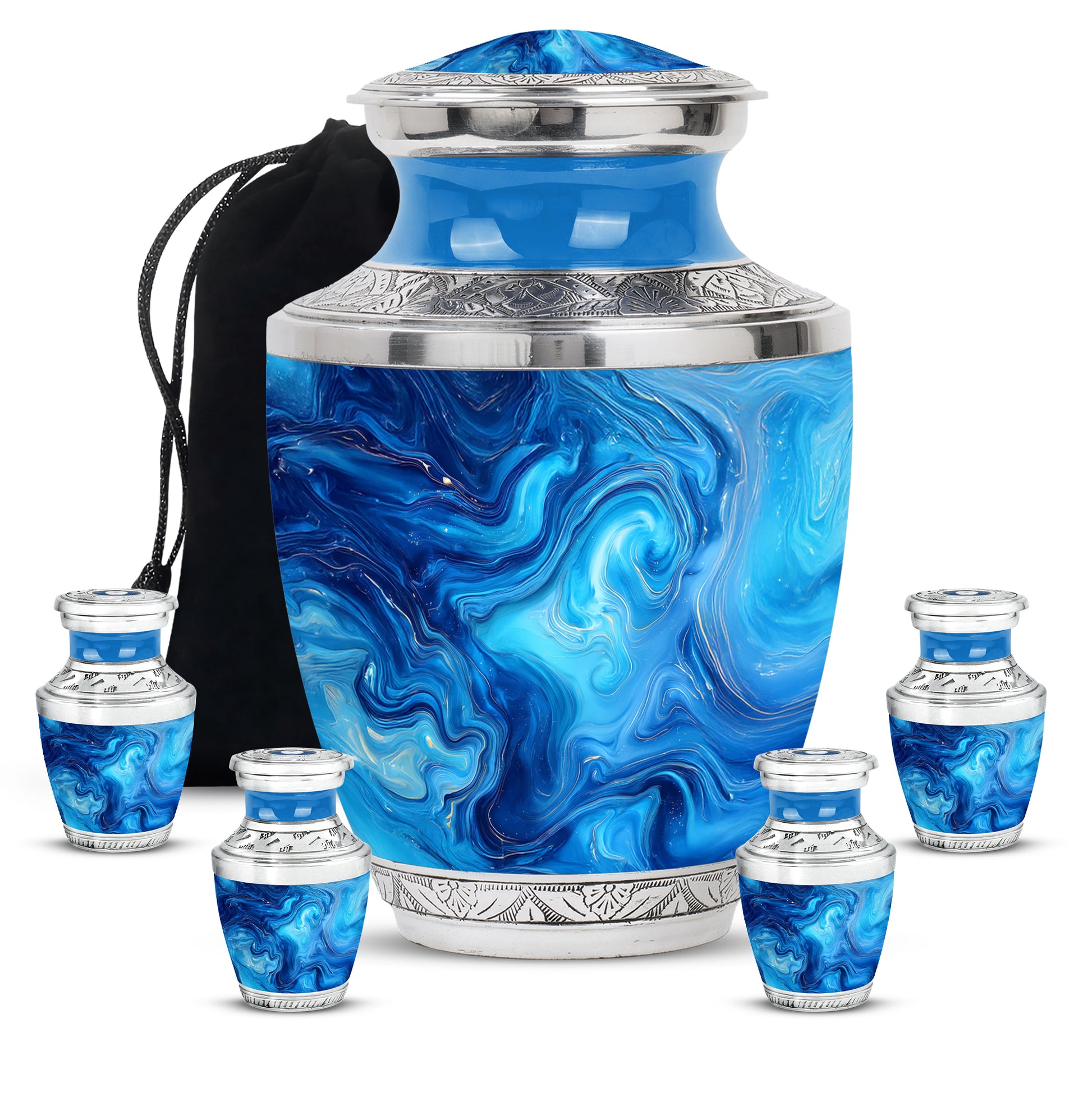 Cool Teal Blue Cremation Urn lifestyle display on memorial shelf - modern art-inspired blue motif on sleek aluminum - memorial set with one large and four small urns
