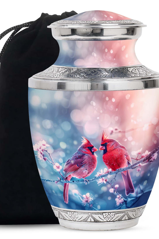 Cardinal Bird Pair Urn For Couples - Cherry Blossoms Memorial Urn