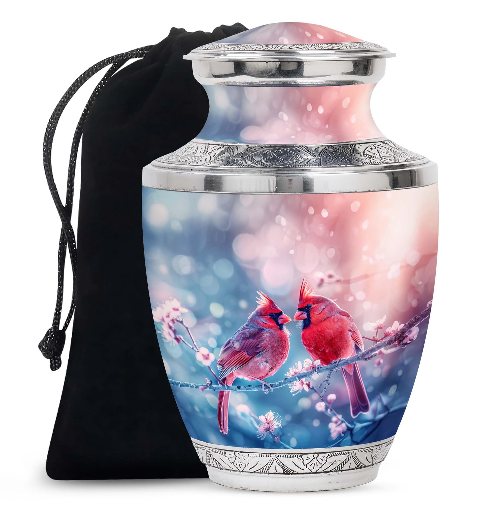 Cardinal Bird Pair Urn For Couples - Cherry Blossoms Memorial Urn