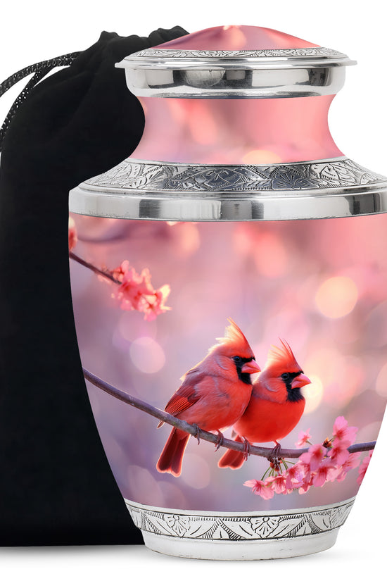 Red Cardinal Bird Pair Urn For Women - Pink Blossoms Urn For Funeral