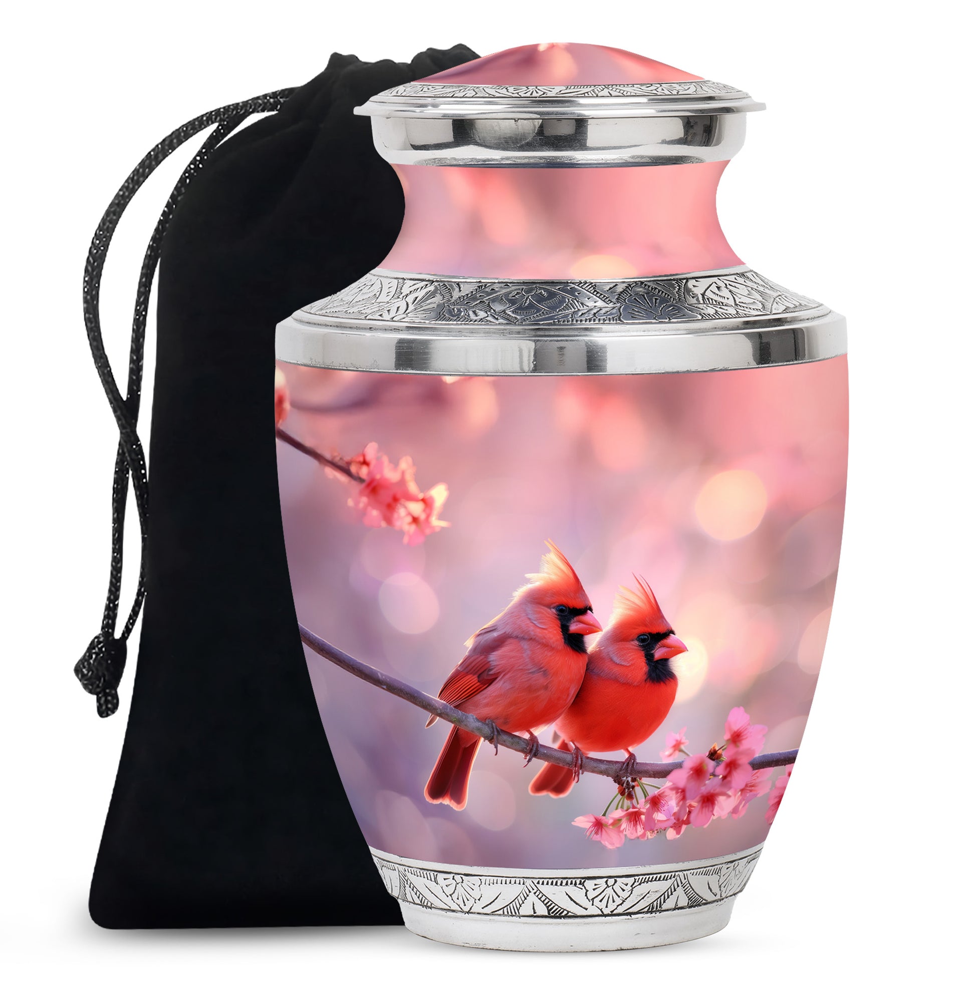 Red Cardinal Bird Pair Urn For Women - Pink Blossoms Urn For Funeral