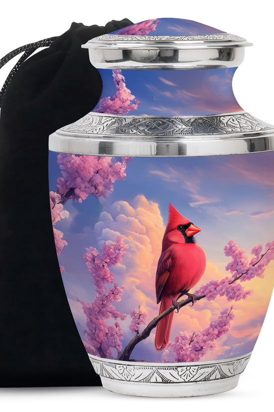Cardinal Bird Urn For Mother - Pink Blossoms Cremation Urn For Ashes
