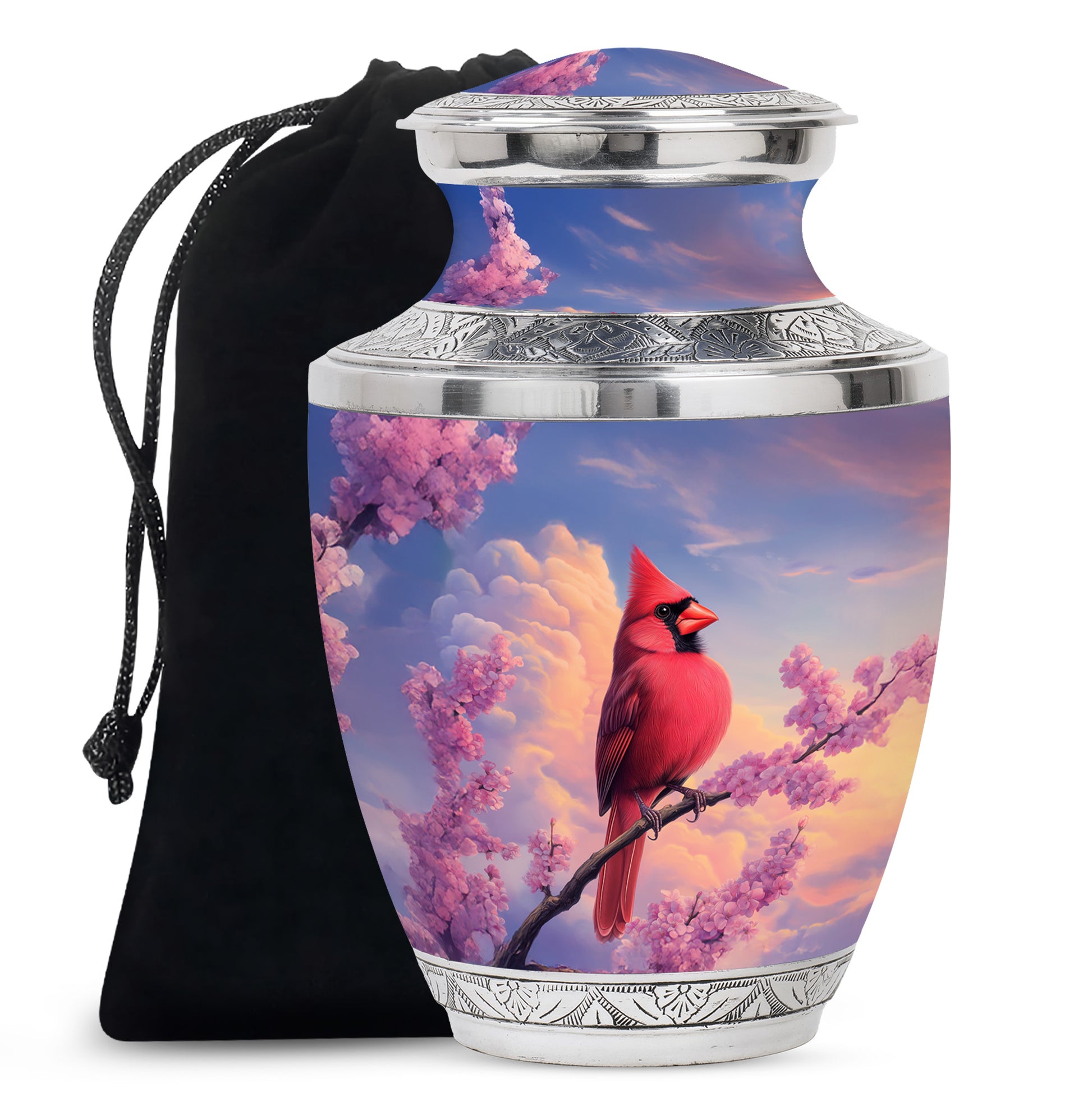 Cardinal Bird Urn For Mother - Pink Blossoms Cremation Urn For Ashes
