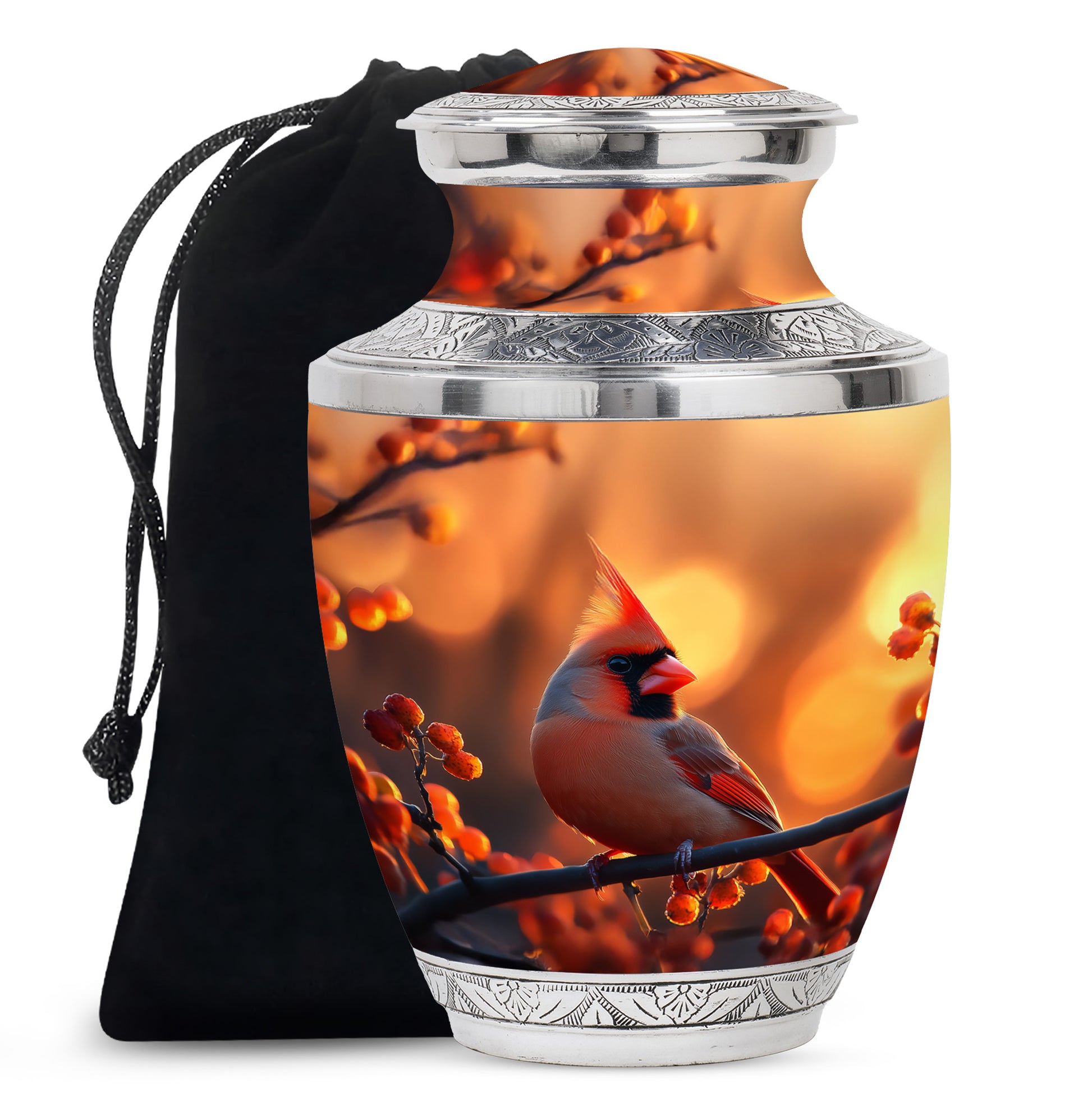 Orange Urn For Adult Human Ashes - Cardinal Bird Ashes Urn For Funeral