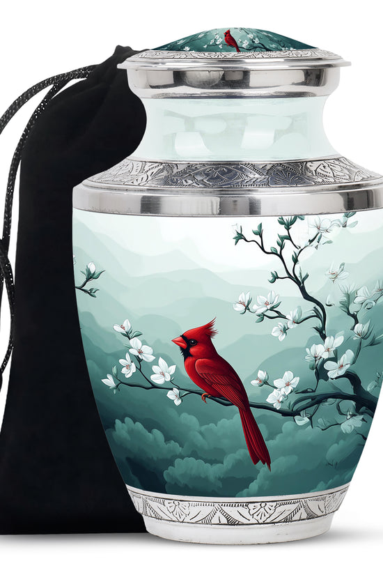 Cardinal Bird Memorial Urn - White Cherry Blossom Urn For Male & Female